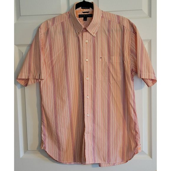 Tommy Hilfiger Men's Med. Orange Striped Short Sleeve Butto Down Shirt Pre-Owned - Picture 1 of 9